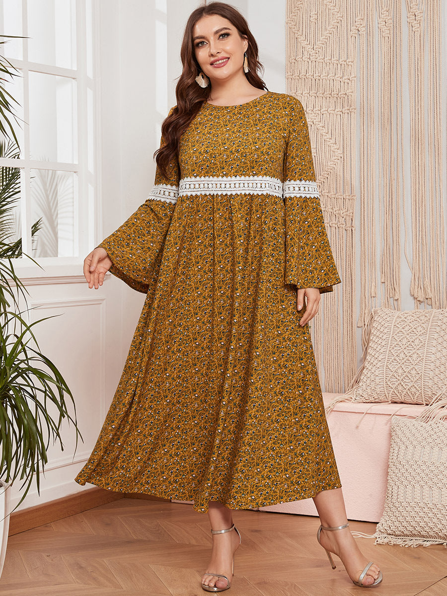 Plus Size Women's Long Sleeve Fashion Afghani, Pakistani, Arabic Robe Lace Long Dress Casual Long Skirt Loose Waist Printed Dress Modest Islamic Wear