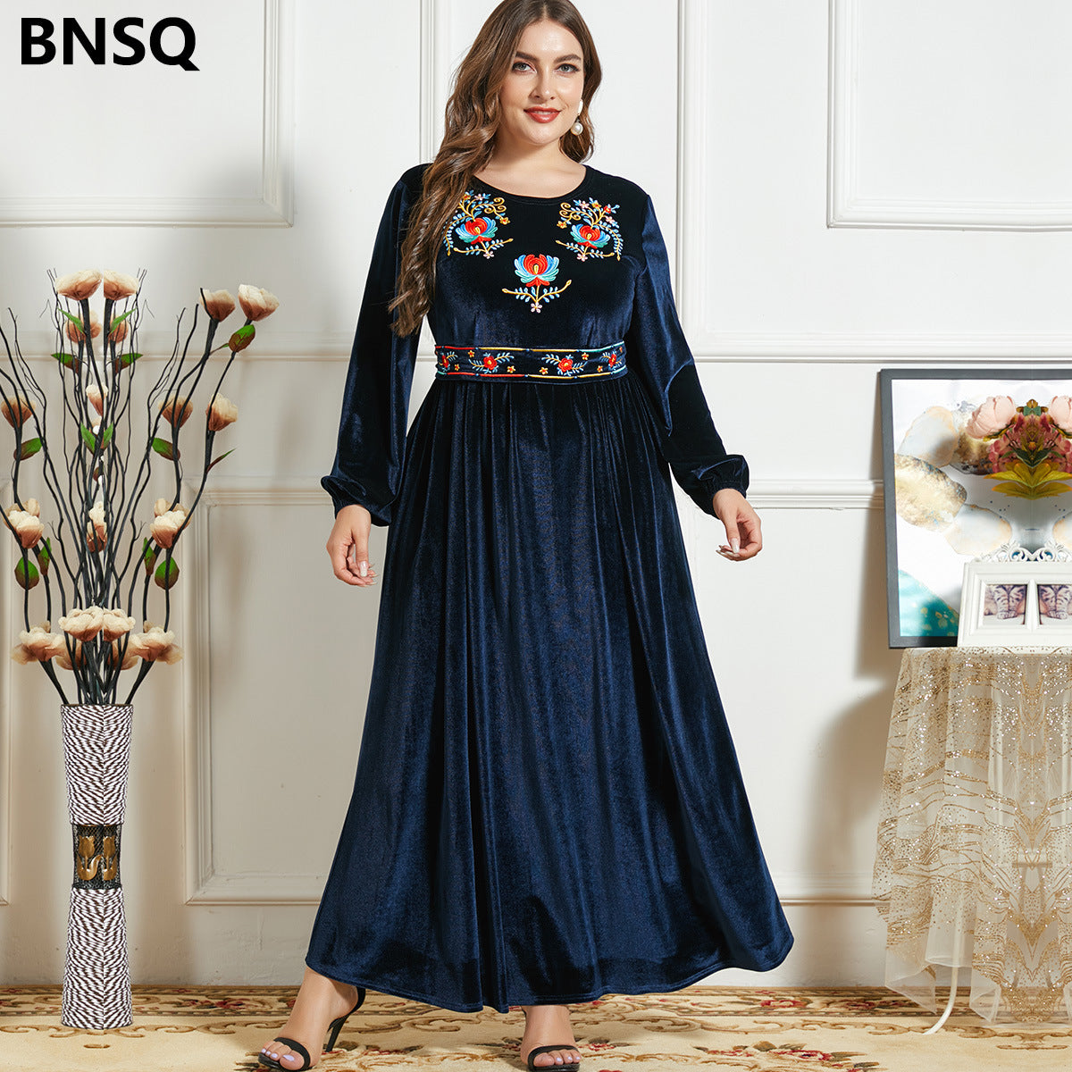 Large Version Pullover High Waist A-line Fashion Afghan, Pakistani, Arab Women Embroidered Gold Velvet Winter Urban Casual Big Swing Dress Party, Casual Wear.