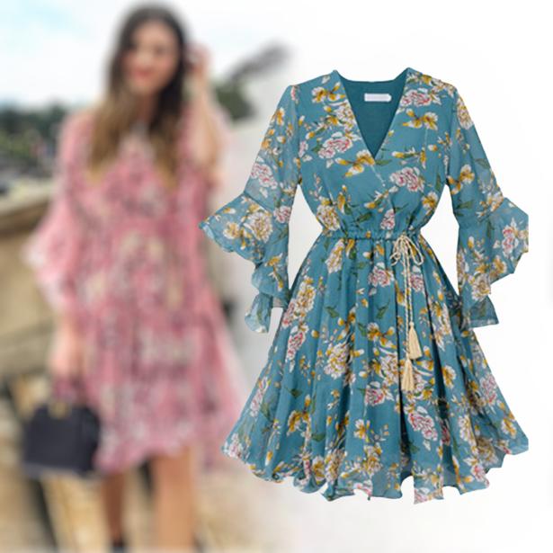 Chiffon Floral Lotus Leaf Dress Retro Outdoor Dress