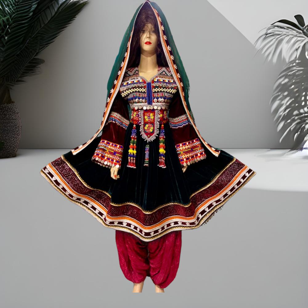 Afghan Kuchi Traditional Party/Wedding Handmade Three Pieces Clothing / Dress l Velvet Embroidery Dress One Size