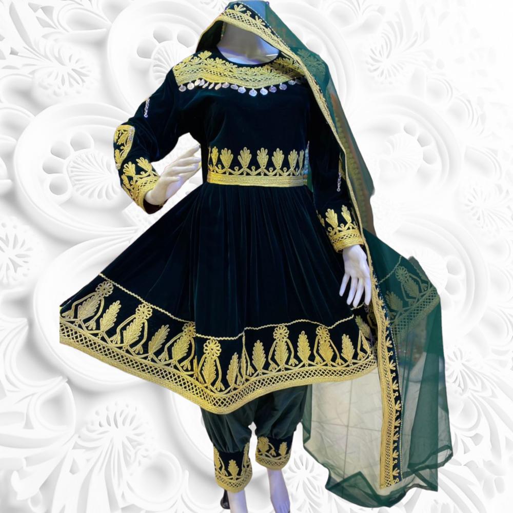 Afghan Kuchi Traditional Party/Wedding Handmade Three Pieces Clothing / Dress l Velvet Embroidery Dress One Size