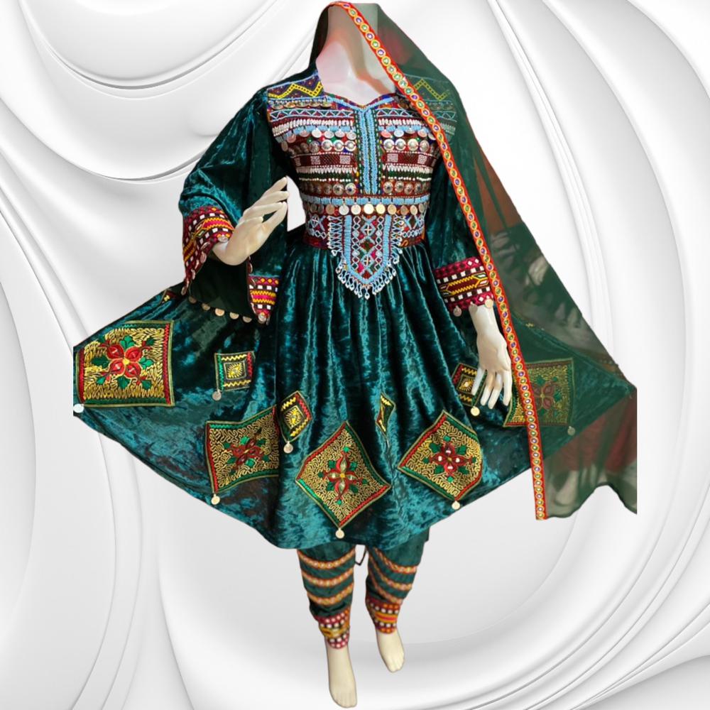 Afghan Kuchi Traditional Party/Wedding Handmade Three Pieces Clothing / Dress l Velvet Embroidery Dress One Size